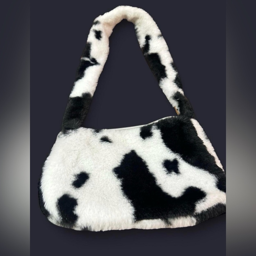 Faux Fur Cow-Print Shoulder Bag in Black & White